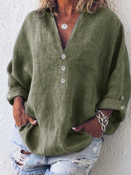 Comfysol Buttoned V-neck Cotton Long Sleeve Blouse