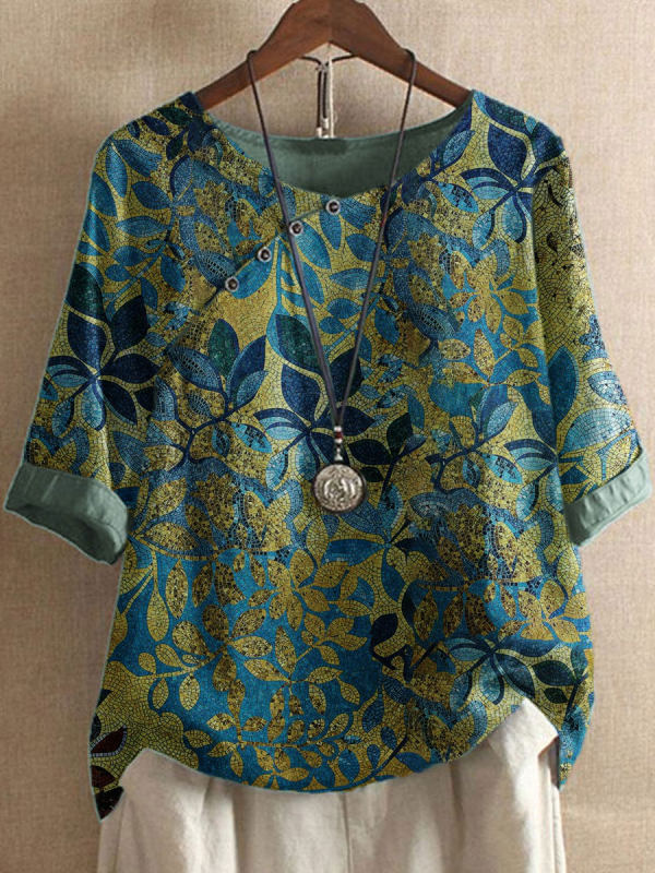 Comfysol Round Neck Bronzing Leaf Print Casual Blouse
