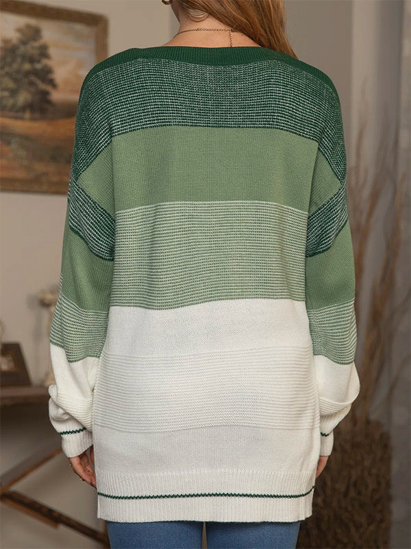 Comfysol Green Casual Tops Round Neck Long Sleeve Stripe Printed Sweater