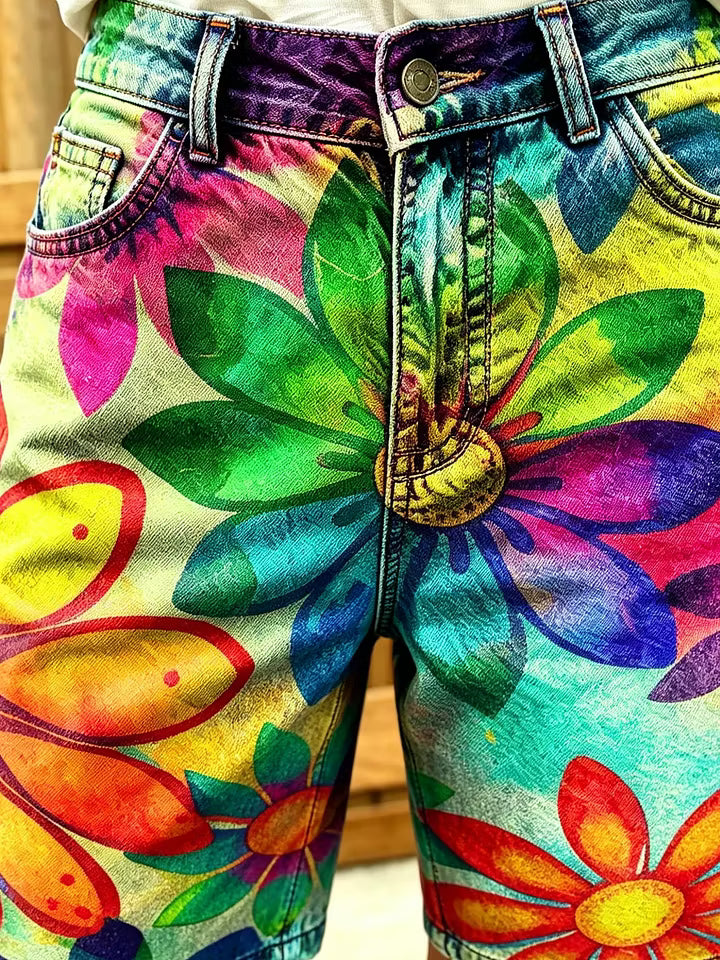 Women's Multi-Color Floral Tie-Dye Printed Cotton Denim Shorts