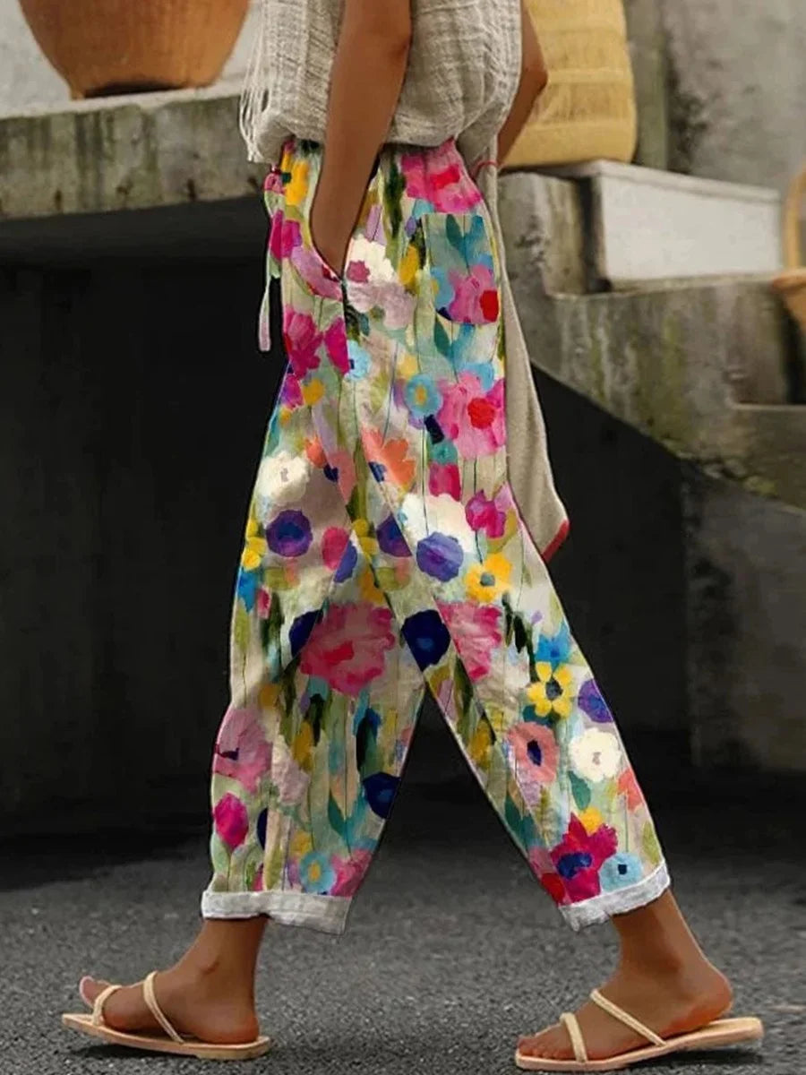 Casual Floral Print Drawstring Pocket Pants