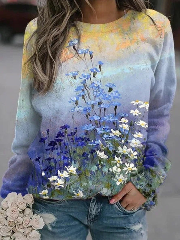 Comfysol Multicolor Casual Graphic Tops Round Neck Long Sleeve Floral Printed Sweatshirts