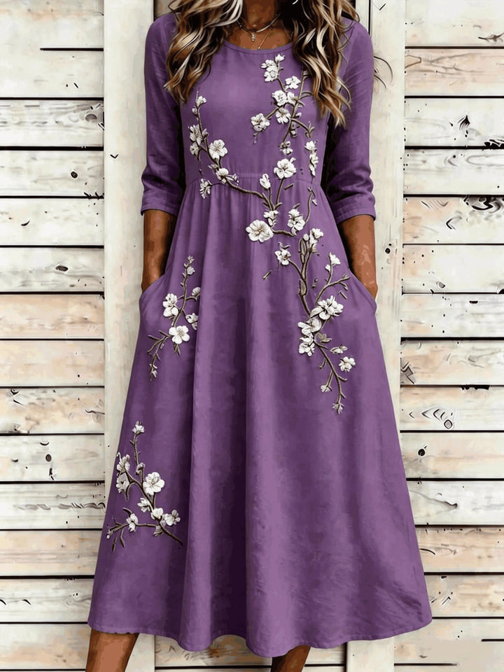 Round Neck Floral Embroidered Maxi Dress with Pockets