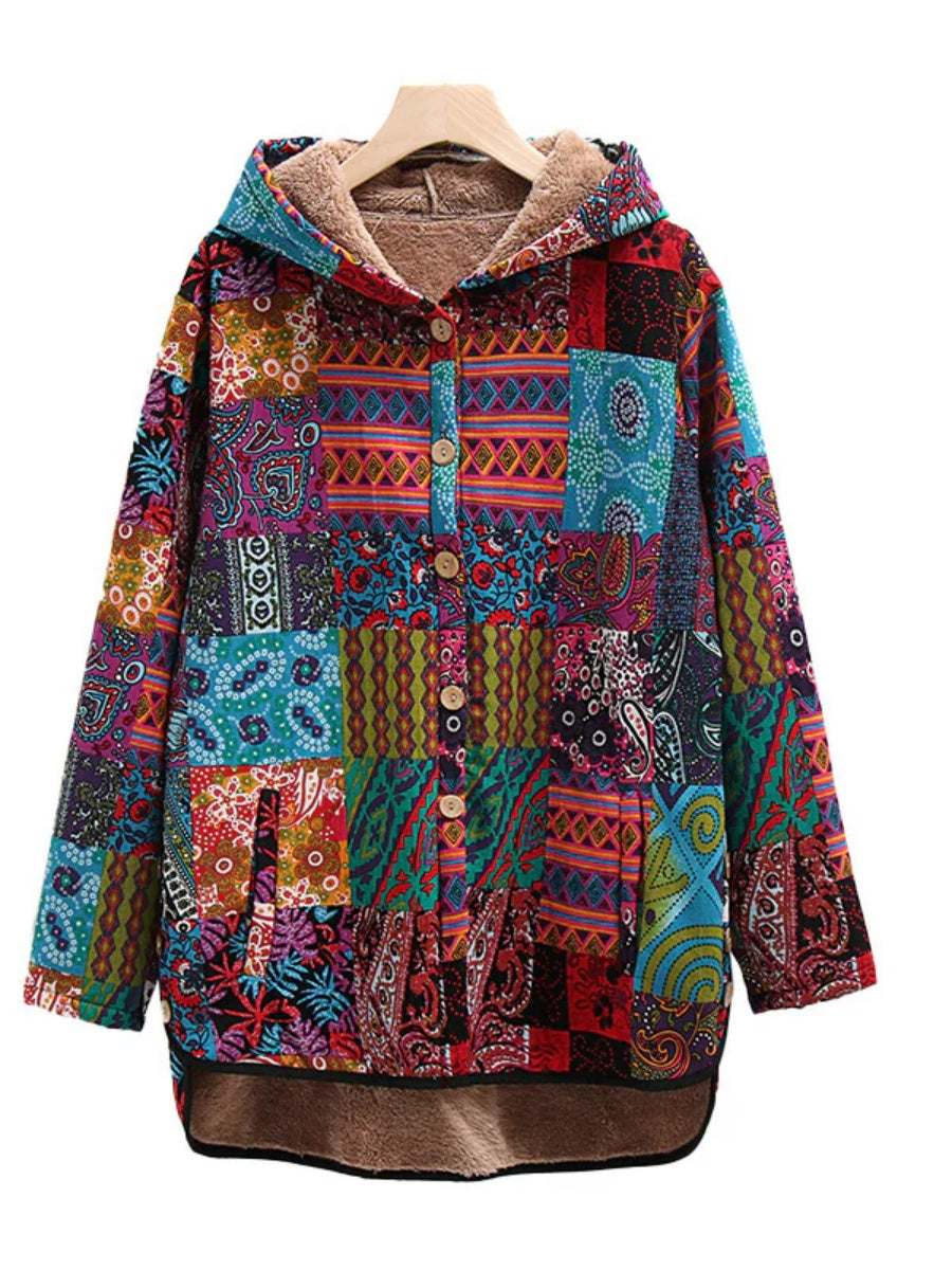 Comfysol Bohemian Patchwork Button Up Hooded Jacket