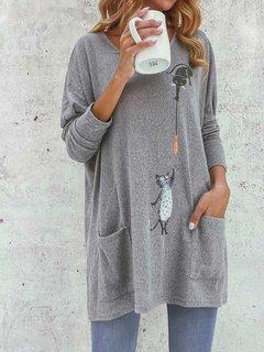 Comfysol Cartoon Cat Print Pockets Long Sleeve Loose Blouse