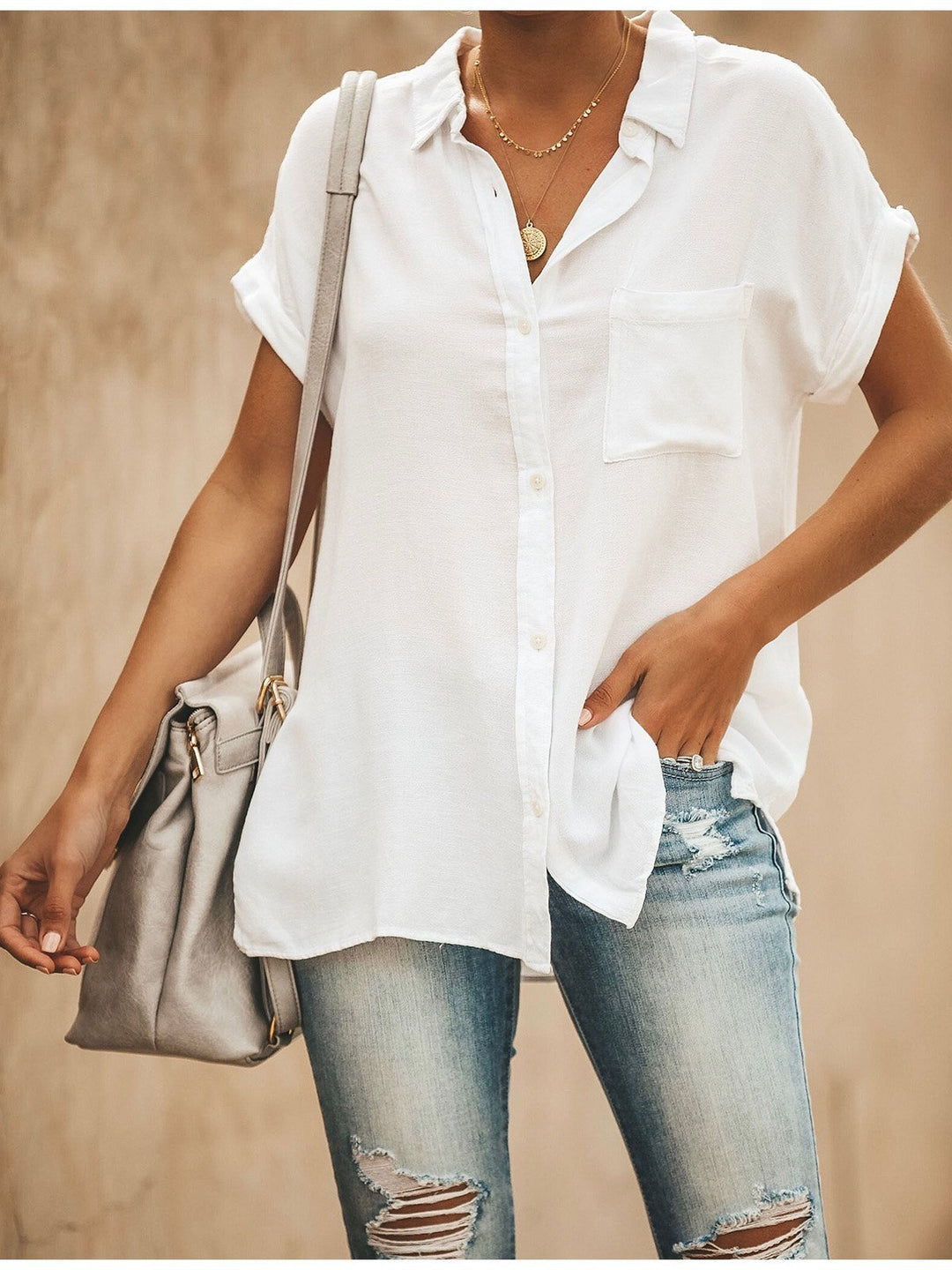 Comfysol Summer Cool Solid Color V-Neck Short Sleeve Casual Shirt