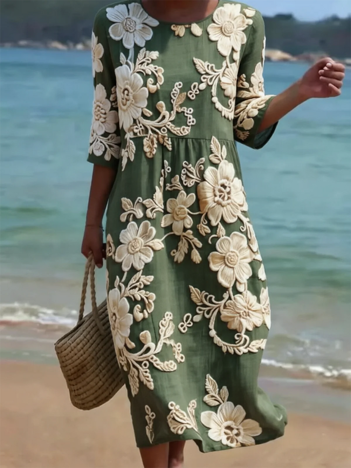 Round Neck Floral Applique Midi Dress for Summer