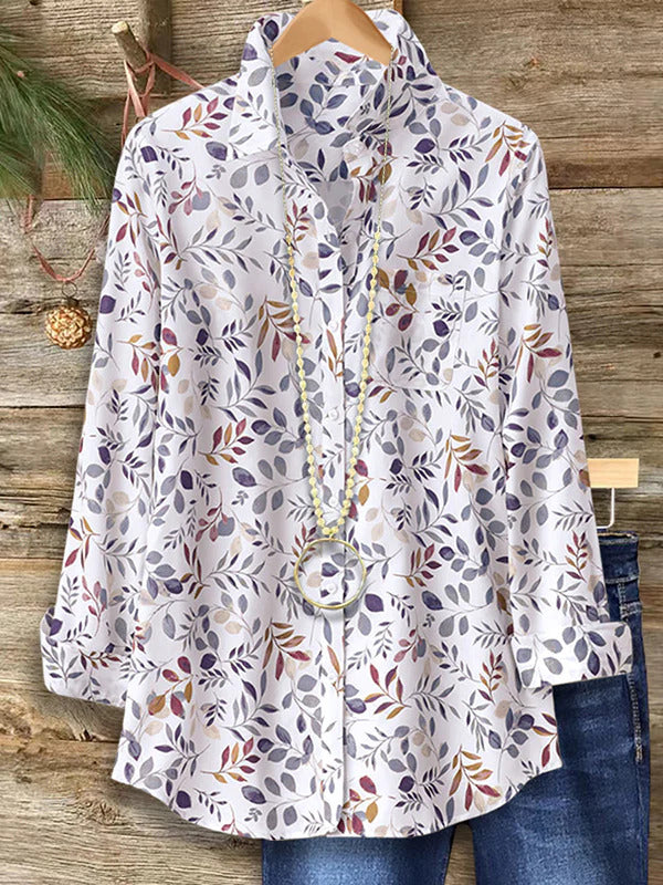 Women Abstract Long Sleeve Shirt Spring/Fall Buckle Shirt Collar Regular Sleeve Daily Casual Top