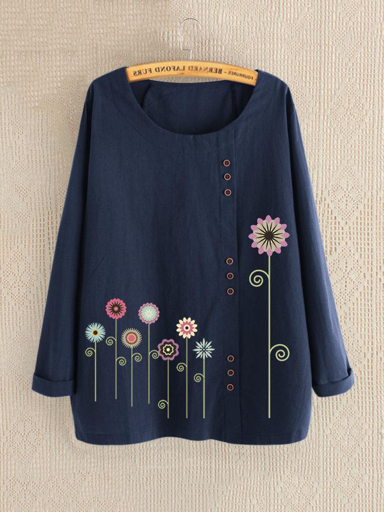Comfysol Casual Print Floral Crew Neck Long Sleeve Blouse