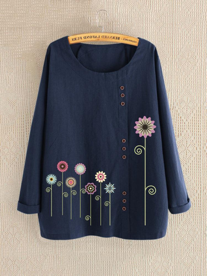 Comfysol Casual Print Floral Crew Neck Long Sleeve Blouse