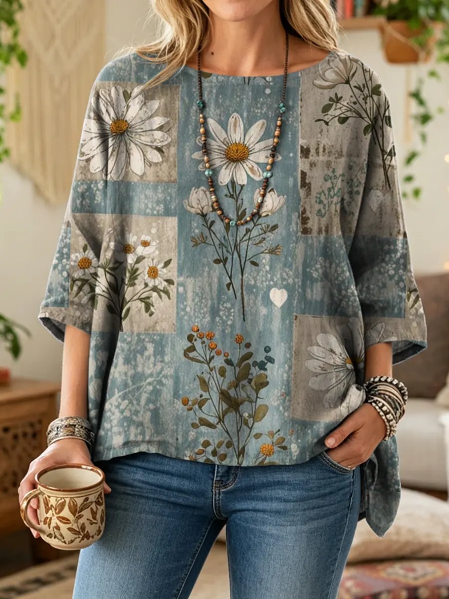 Ethnicity Bohemian Style Flowers Women's Art Print Casual 3/4 Sleeve Cotton Top