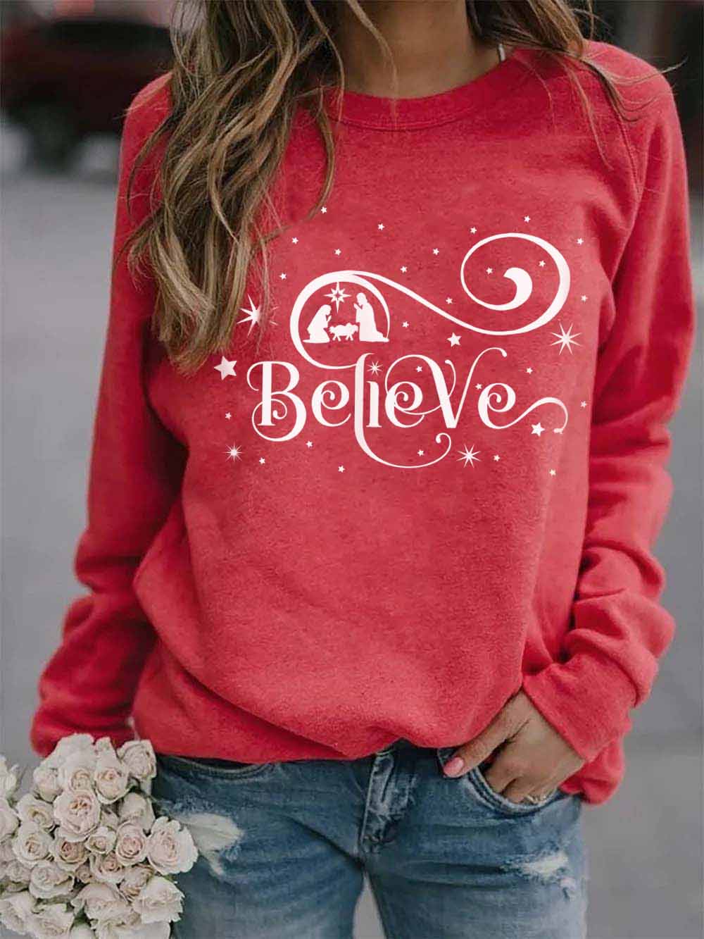 Comfysol Women's Christmas Believe Print Sweatshirt