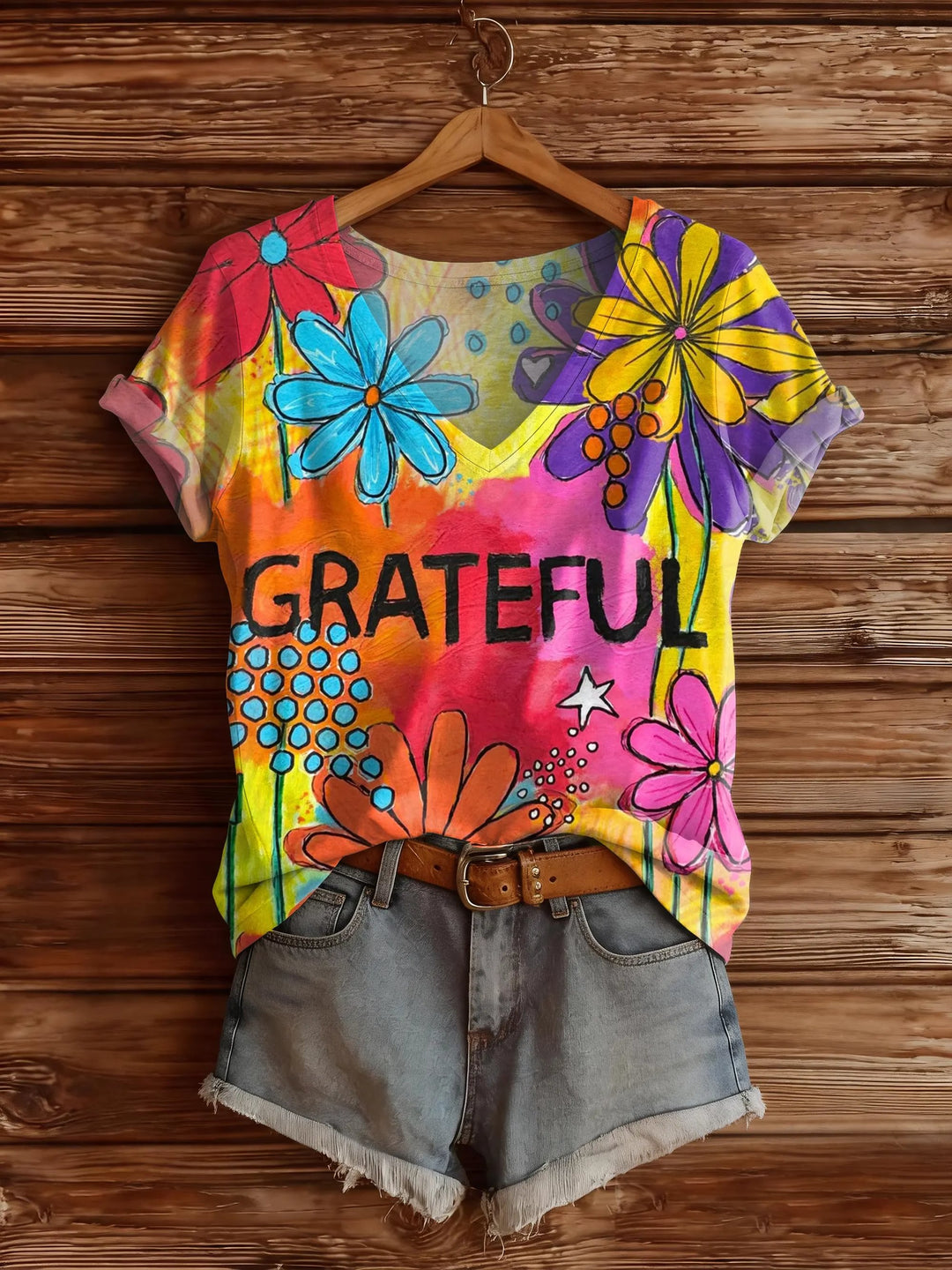 Women's Grateful Art Print V-Neck Short-Sleeve Top