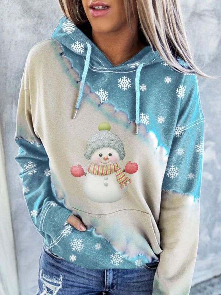 Comfysol Women's Christmas Snowman Printed Long Sleeve Hooded Color Block Sweatshirt