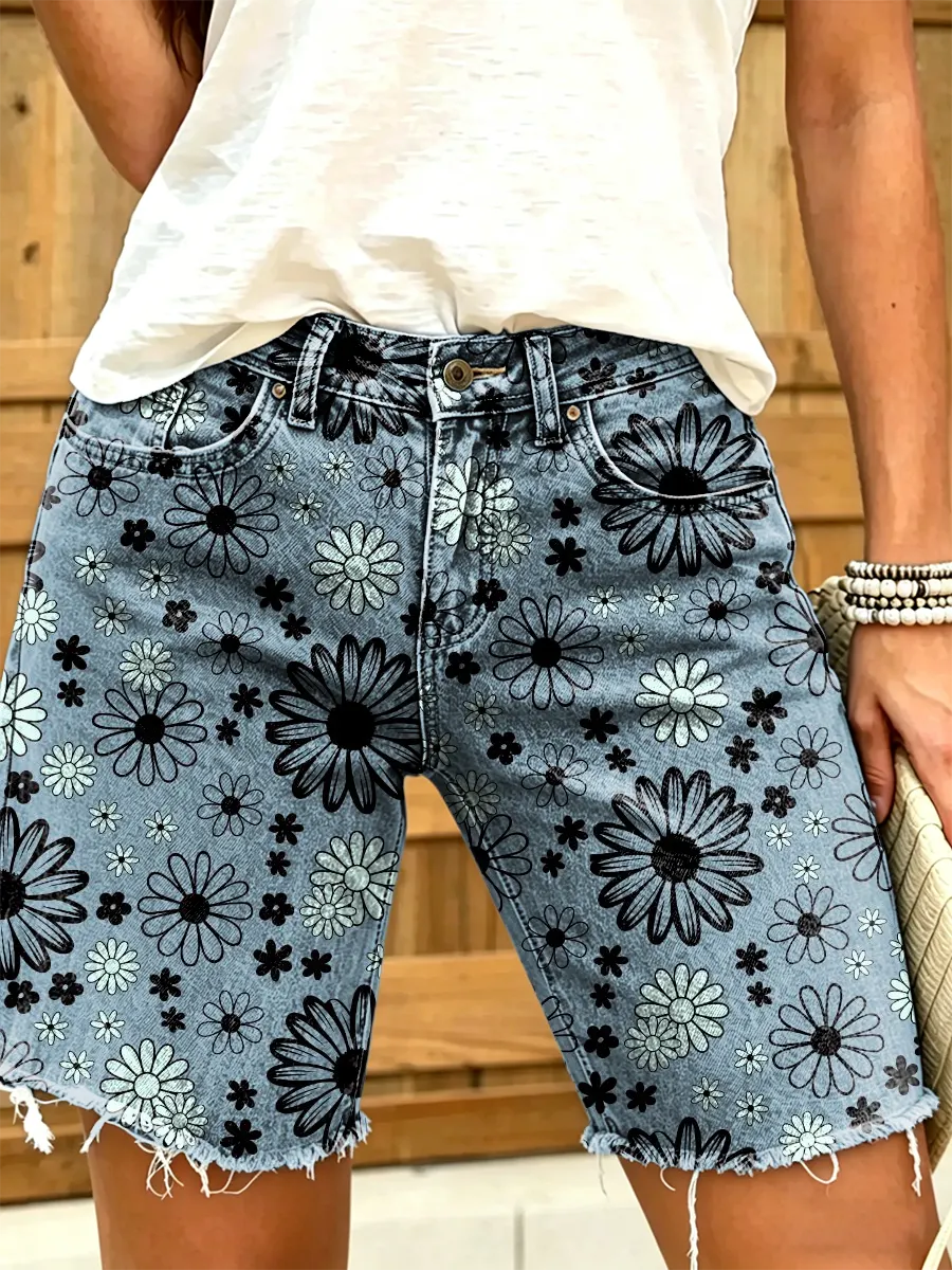 Ethnicity Flowers Geometry Women's Art Print Casual Denim Shorts