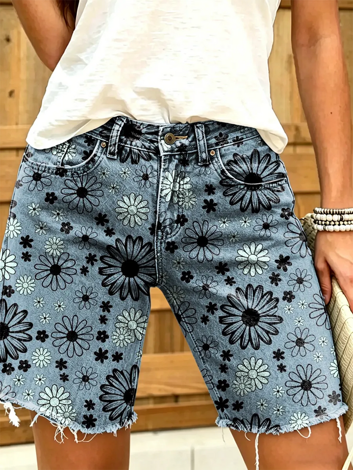 Ethnicity Flowers Geometry Women's Art Print Casual Denim Shorts