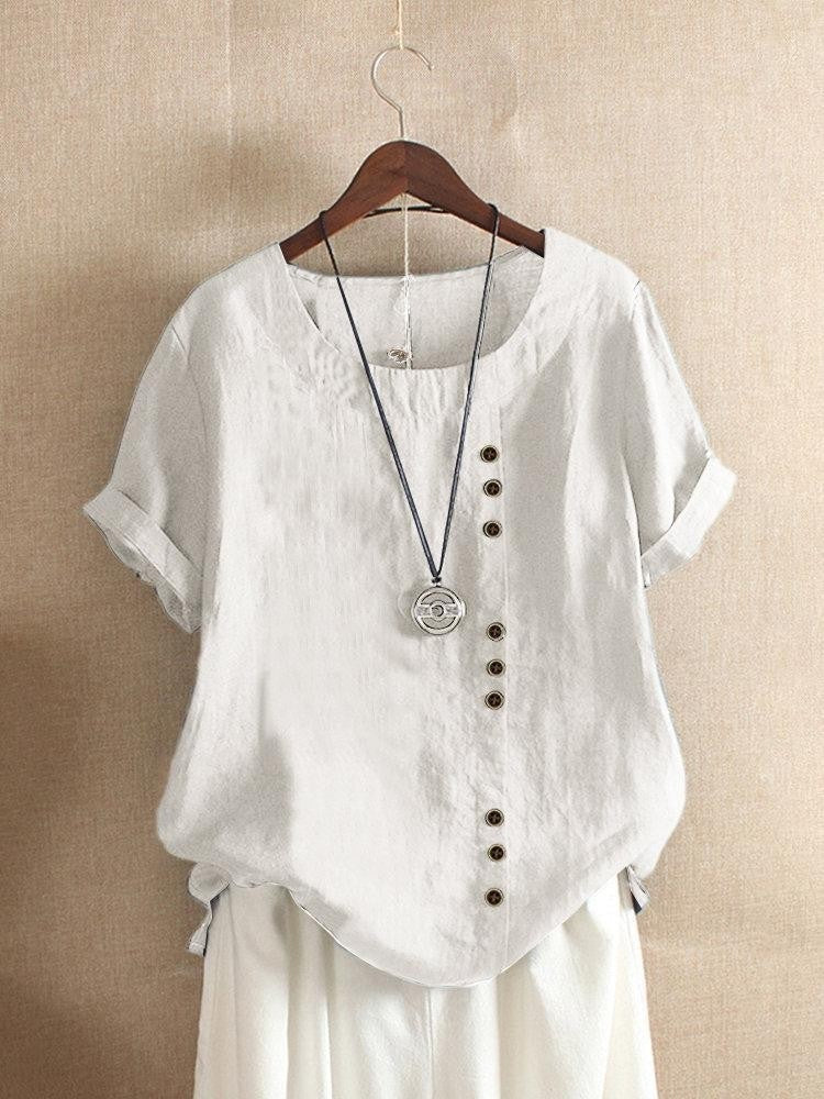 Comfysol Women's Vintage Loose Round Neck Button Short Sleeve Casual Cotton Blouse