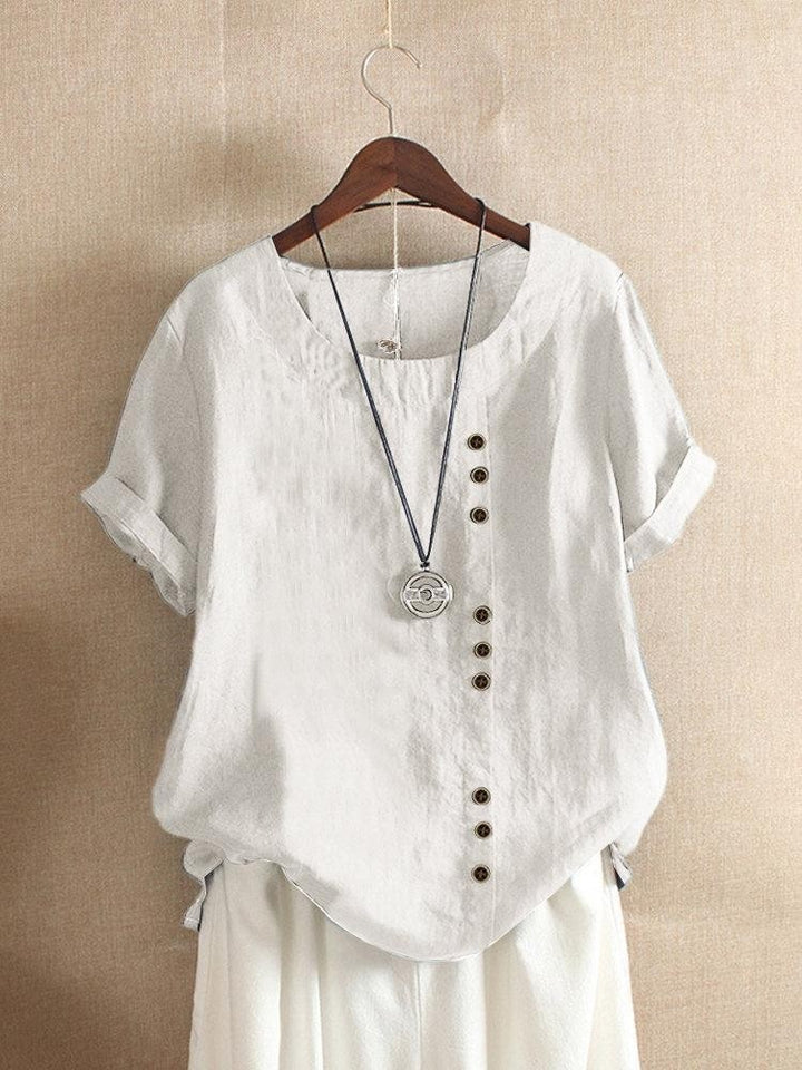 Comfysol Women's Vintage Loose Round Neck Button Short Sleeve Casual Cotton Blouse