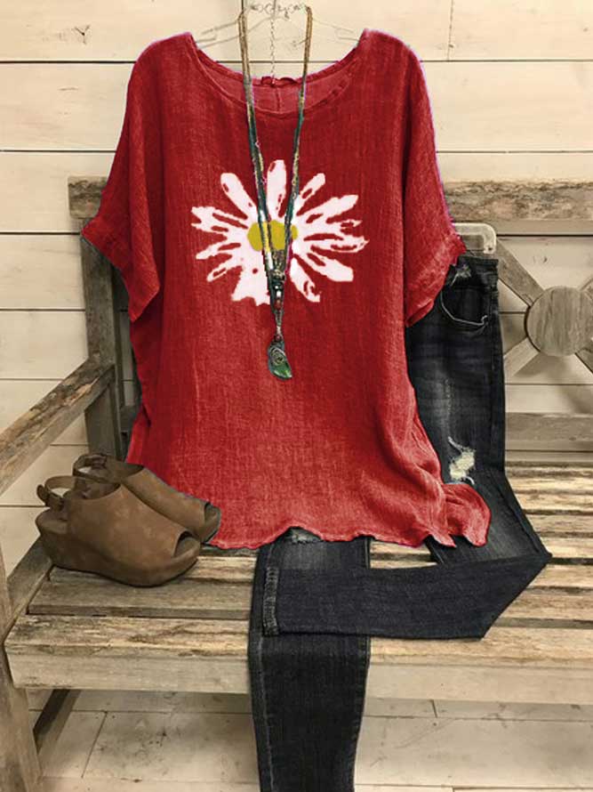 Comfysol Short Sleeve Crew Neck Shift Sunflower Print Casual Blouse