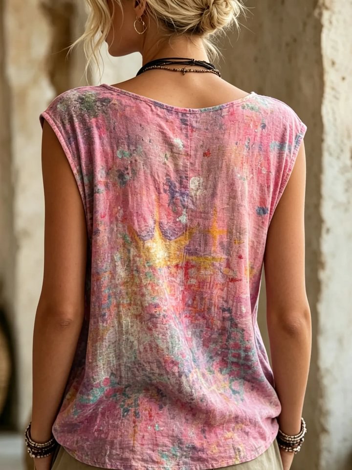 Women's Watercolor Gradient Print Button Detail Sleeveless Top