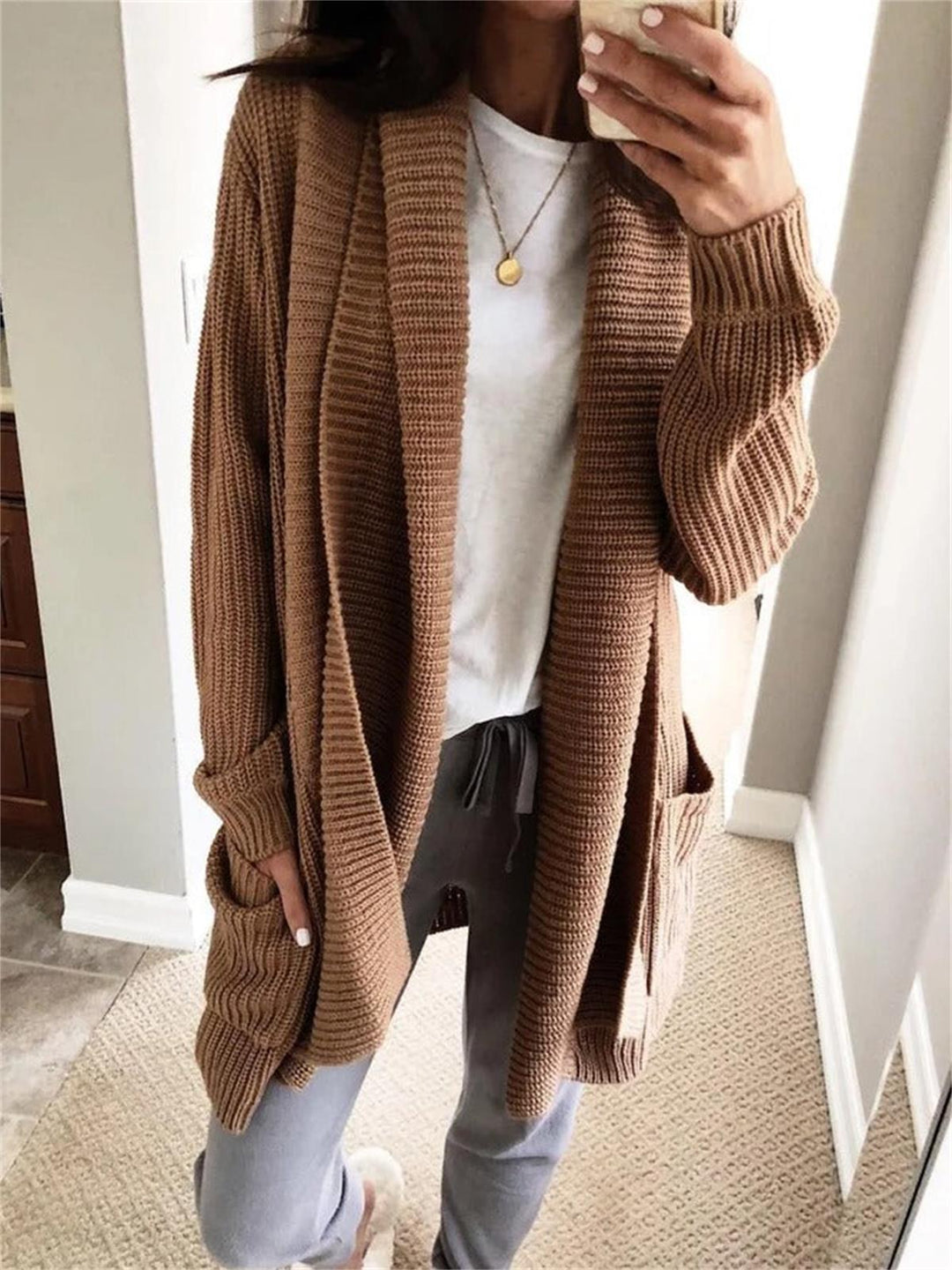Comfysol Brown Casual Long Sleeve Sweater Cardigan