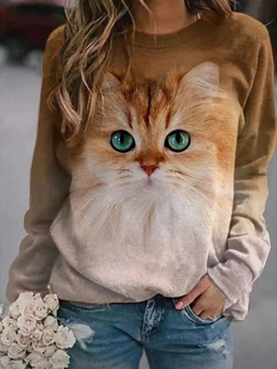 Comfysol Brown Casual Graphic Tops Round Neck Cat Printed Long Sleeve Sweatshirts
