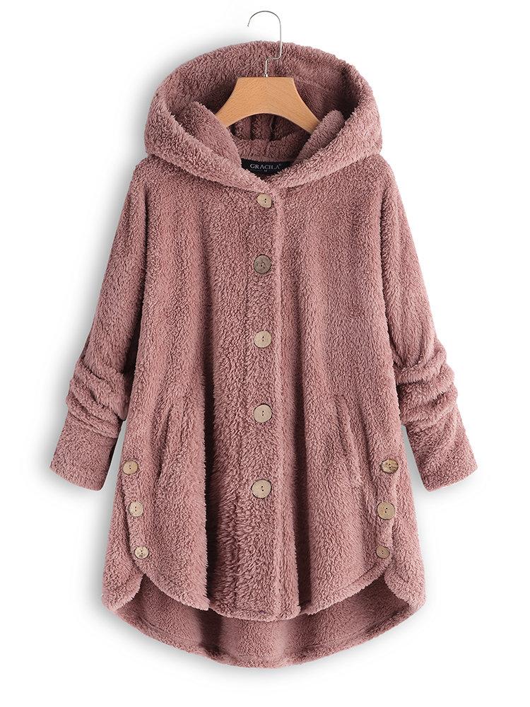 Comfysol Fleece Hooded Asymmetrical Hem Button Coat
