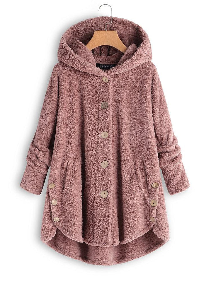 Comfysol Fleece Hooded Asymmetrical Hem Button Coat