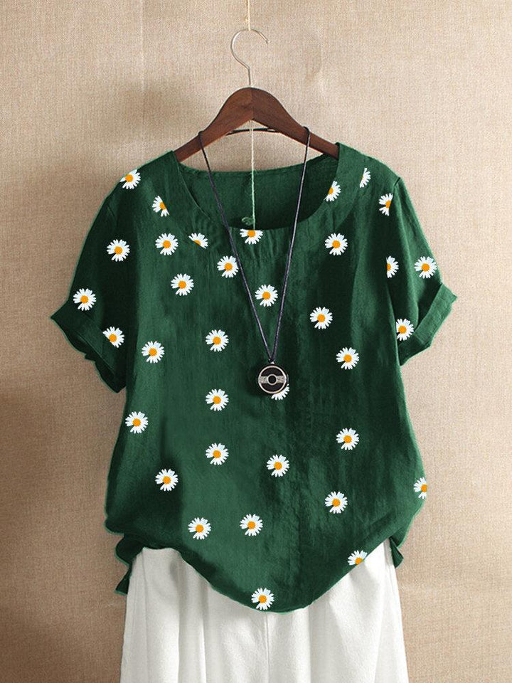 Comfysol Daisy Floral Print Short Sleeve O-neck Blouse