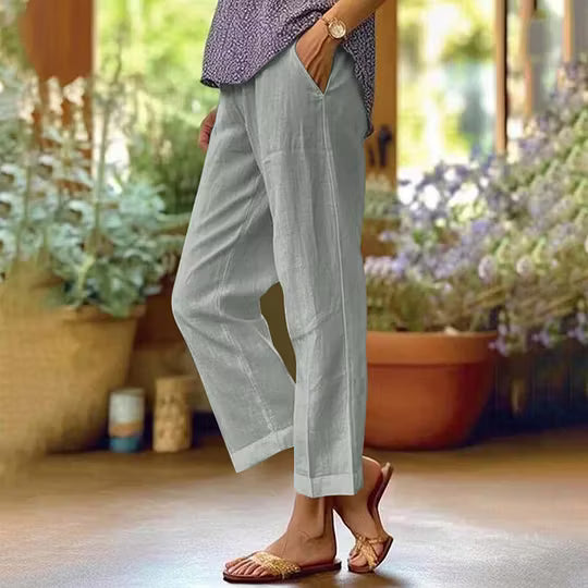 Solid Linen Blend Straight Leg High Waist Casual Pants