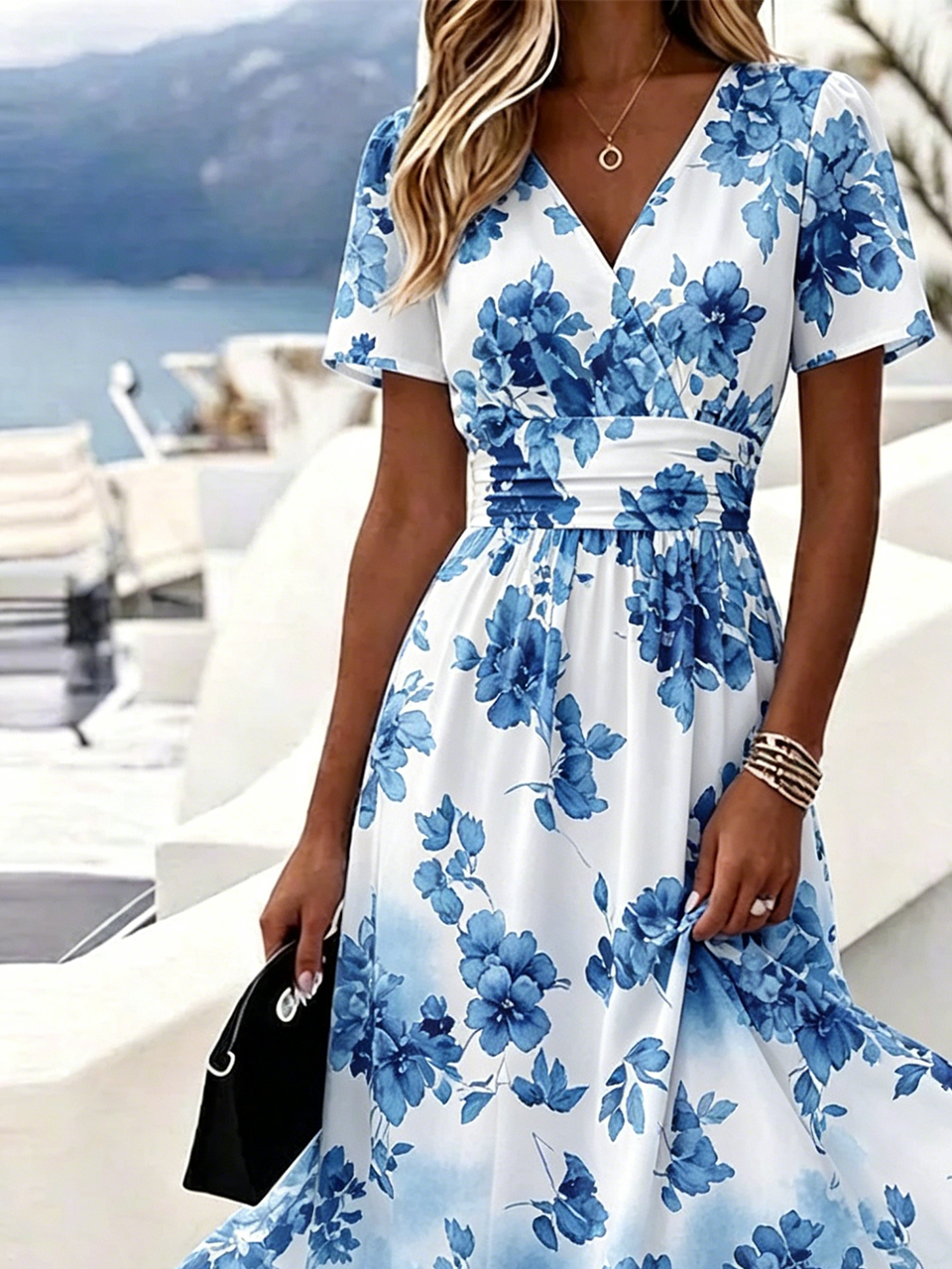 Women's Summer V-neck Short Sleeve Floral Print Waist Cinched Dress