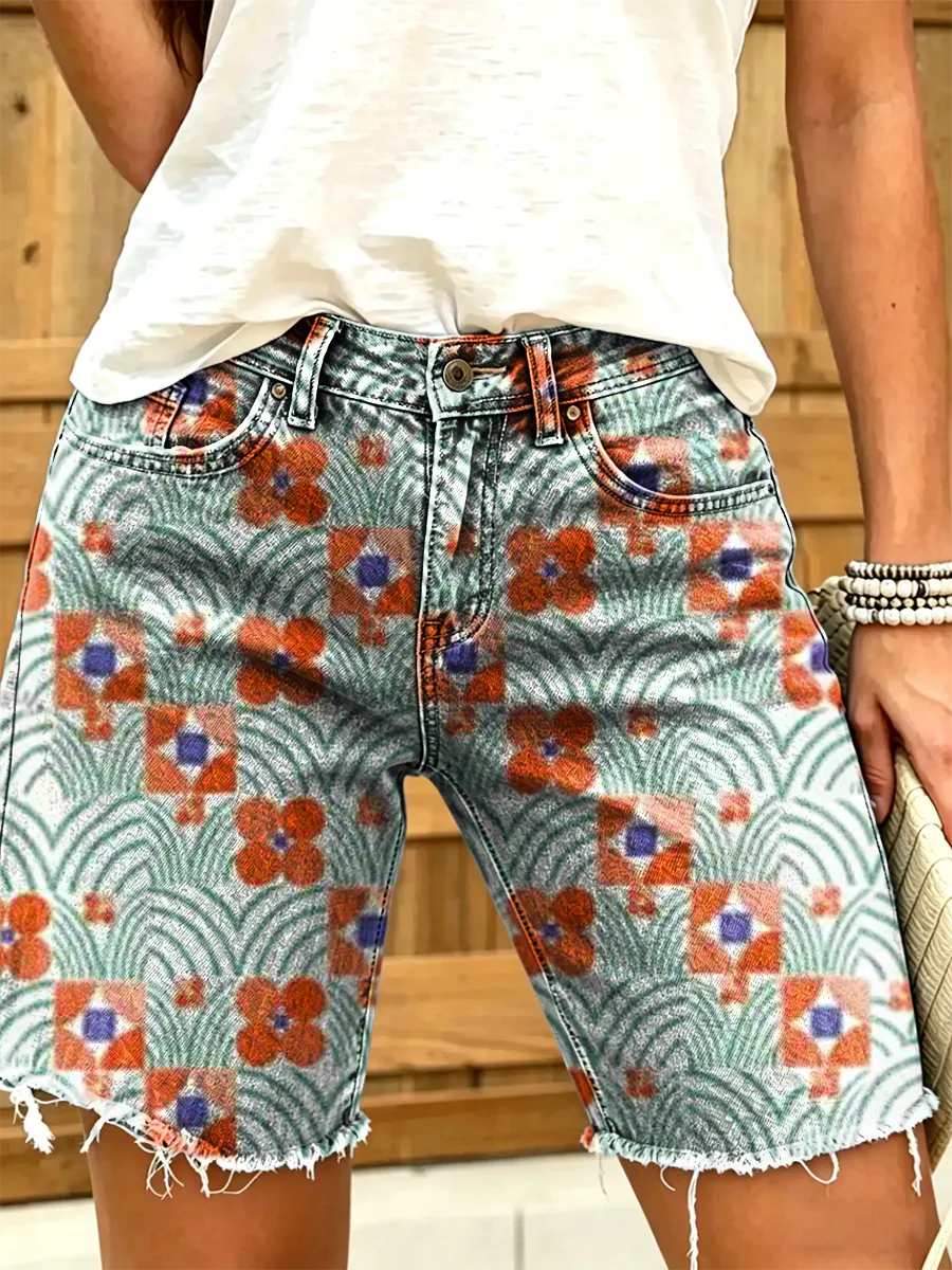Women's floral geometric print denim shorts