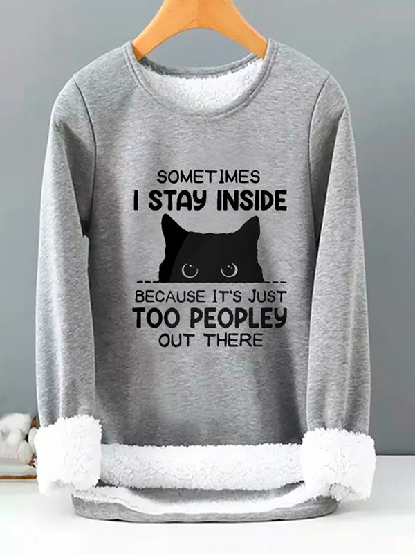 Comfysol Gray Casual Graphic Tops Round Neck Long Sleeve Cat Character Printed Fleece Sweatshirts