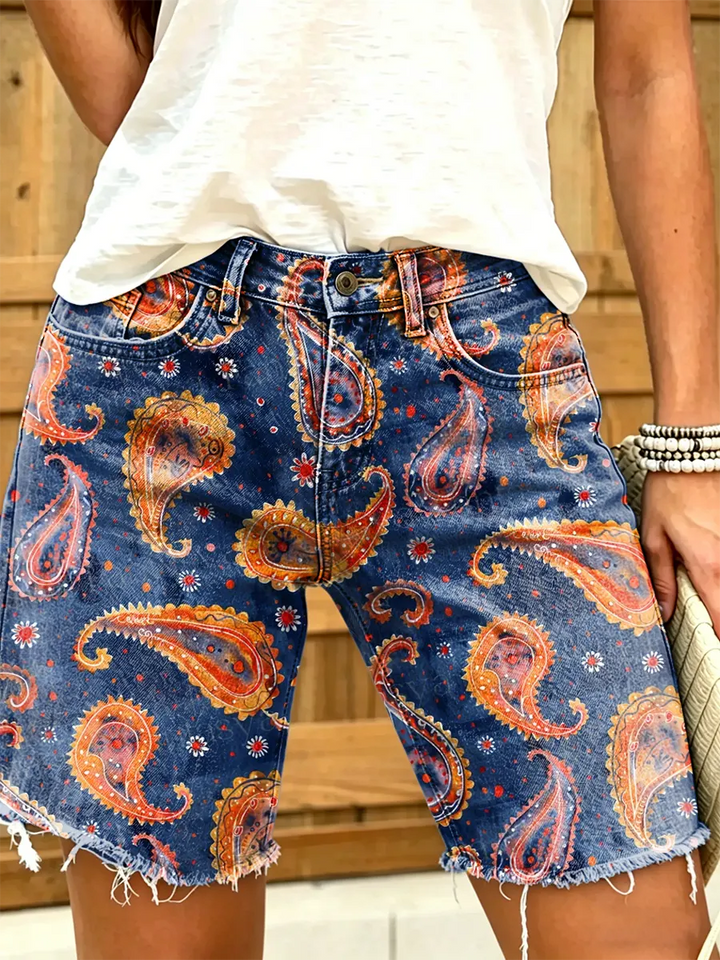 Women's Paisley Floral Print Frayed Hem Denim Shorts