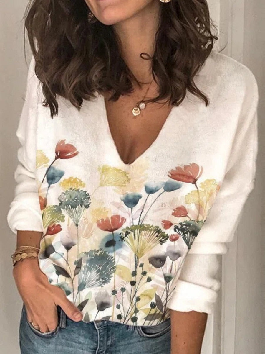 Comfysol White Casual V Neck Floral Printed Long Sleeve Blouse