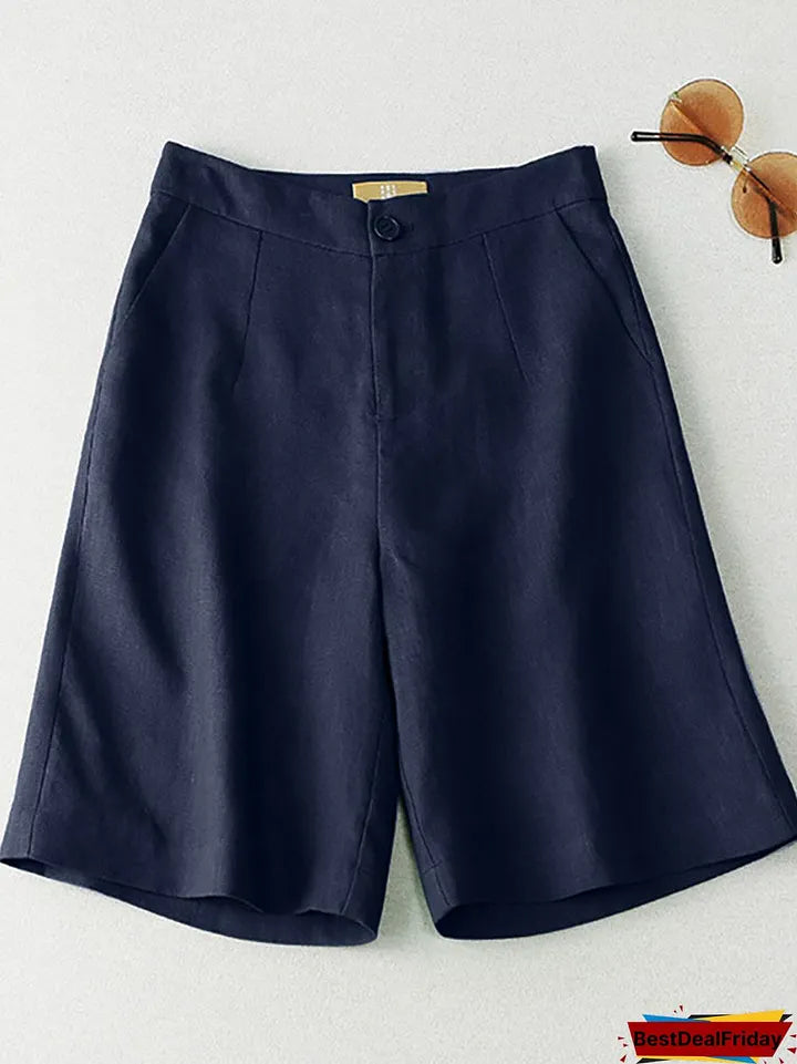 Solid Pocket Button Casual Loose Shorts