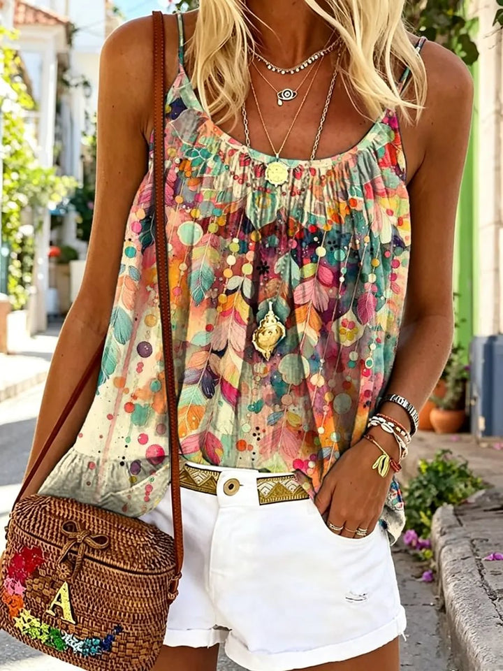 Women's Multicolor Feather Watercolor Print Spaghetti Strap Camisole Top