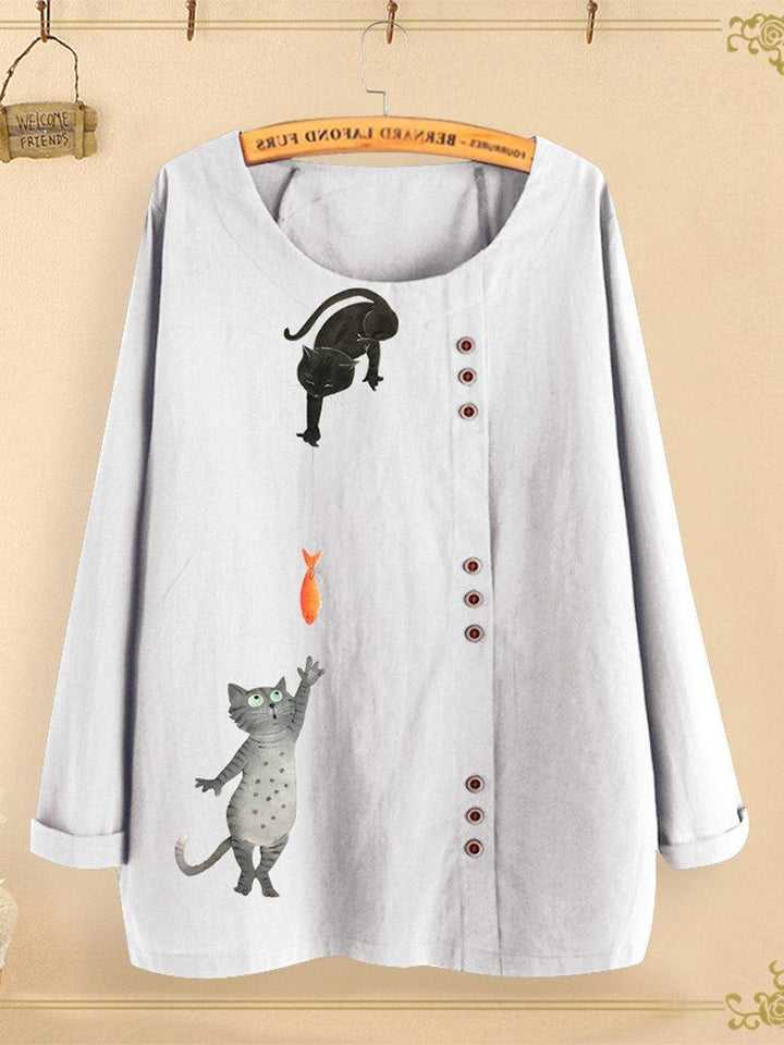 Comfysol Button Cartoon Cat Print Long Sleeve Blouse
