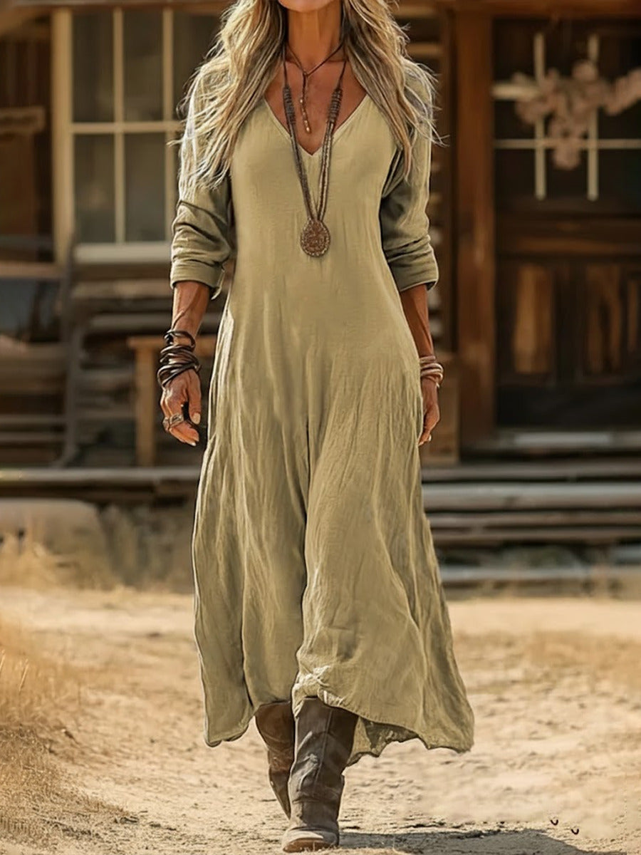 Women Plain Long Sleeve Spring/Fall Printing Dress V Neck Daily Vintage Maxi H-Line Dress