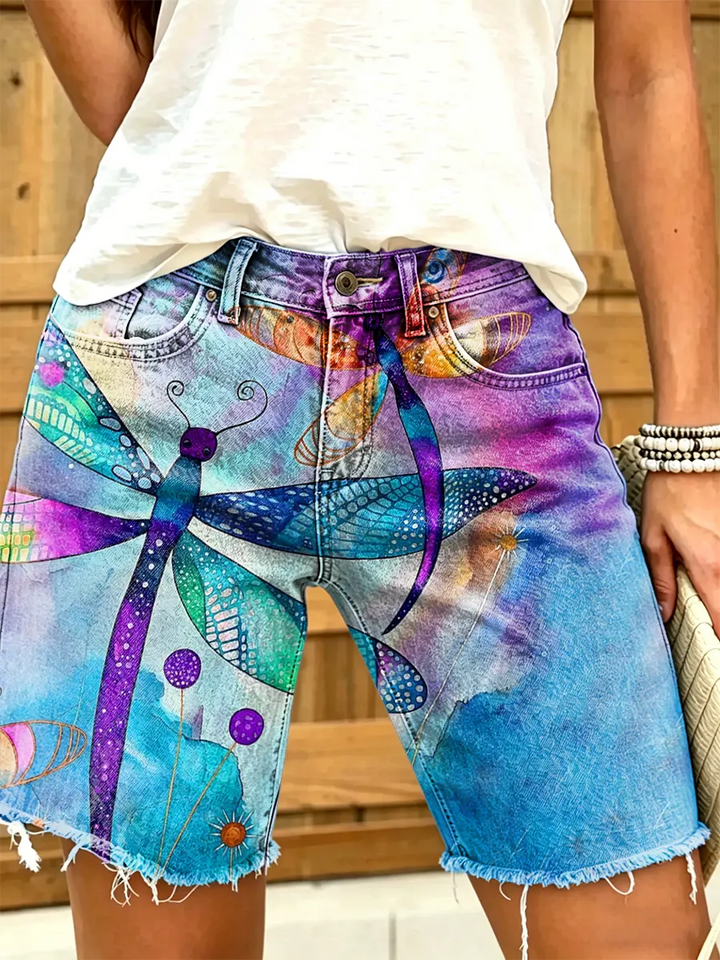 Women's Dragonfly Watercolor Art Print Frayed Denim Bermuda Shorts