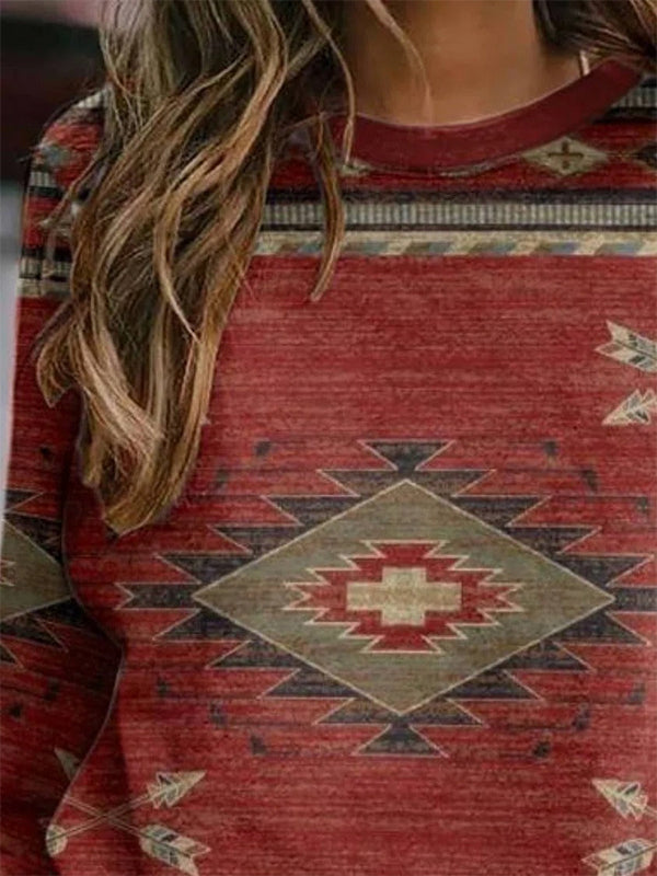 Comfysol Red Casual Round Neck Long Sleeve Geometric Printed Sweatshirts