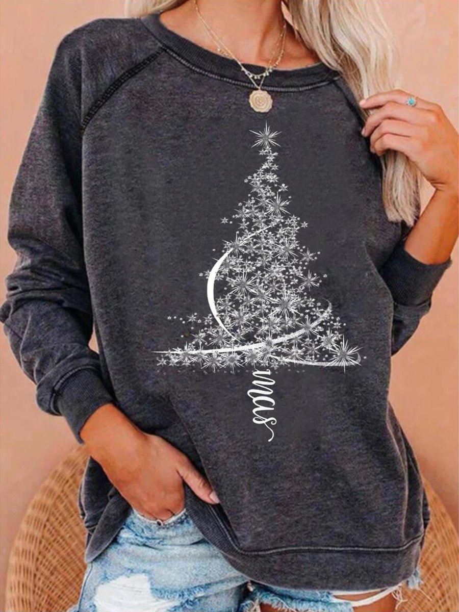 Comfysol X-mas Tree Print Long Sleeve Round Neck Sweatshirt