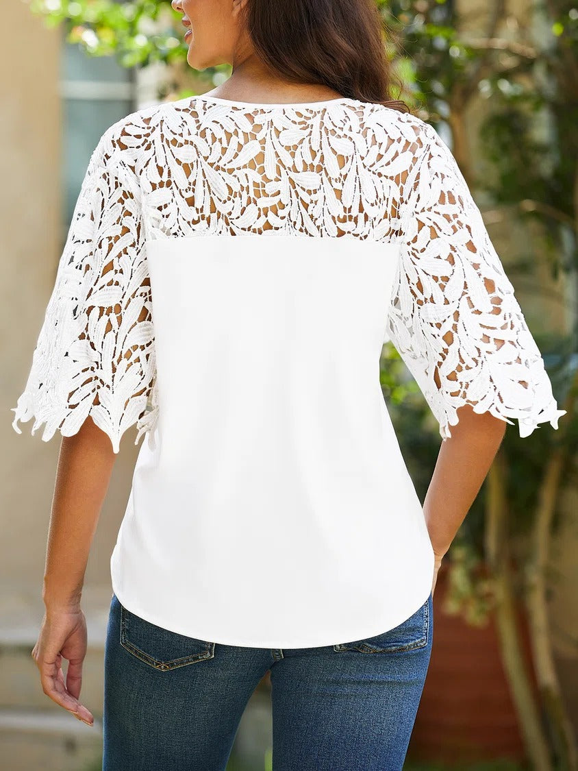 Comfysol White Casual V Neck Lace Half Sleeve Blouse