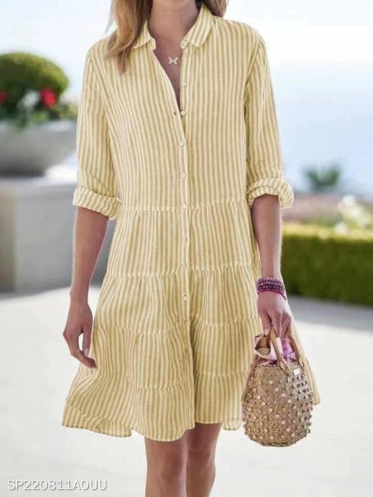 Women Striped Long Sleeve Shawl Collar Printing Dress Daily Vintage Midi Shirt Dress A-Line Spring/Fall Dress