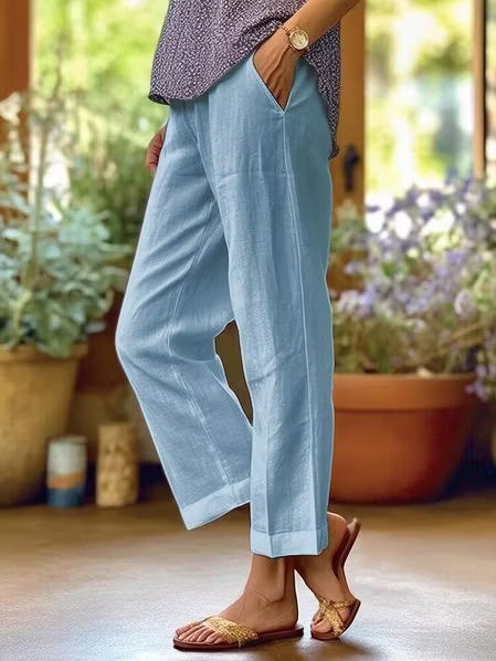 Solid Linen Blend Straight Leg High Waist Casual Pants