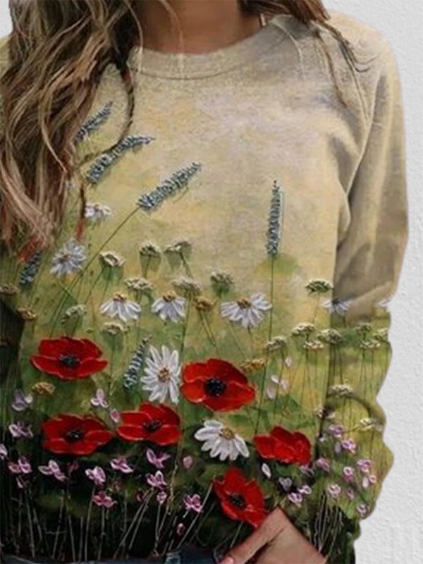 Comfysol Red Casual Graphic Tops Round Neck Long Sleeve Floral Printed Sweatshirts