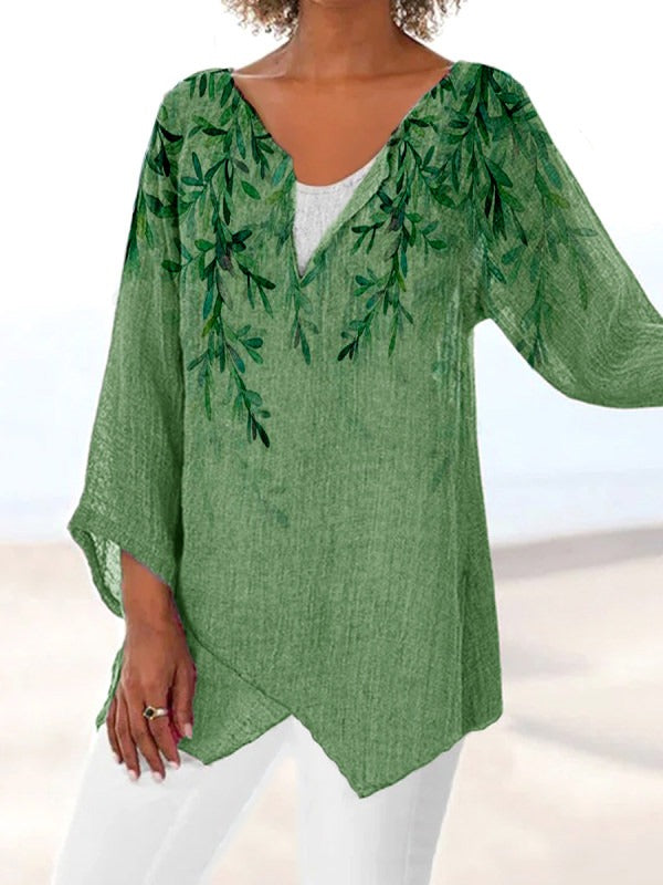 Comfysol Green Casual V Neck Leaves Printed Long Sleeve Blouse