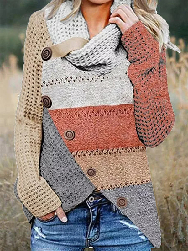 Comfysol Pink Casual Tops Scarf Neck Long Sleeve Stripe Printed Sweater
