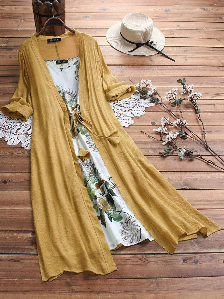 Comfysol Vintage Boho Print Two-piece 3/4 Sleeve Maxi Dress
