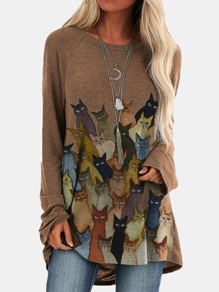Comfysol Cartoon Cat Print O-neck Long Casual T-shirt